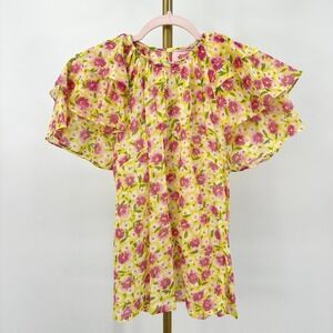 Banjanan Andrea Floral Top XS/S Vibrant Yellow Tiered Flutter Sleeves Cottage